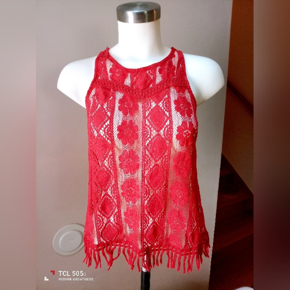Elegant Red Lace Fringe Top
